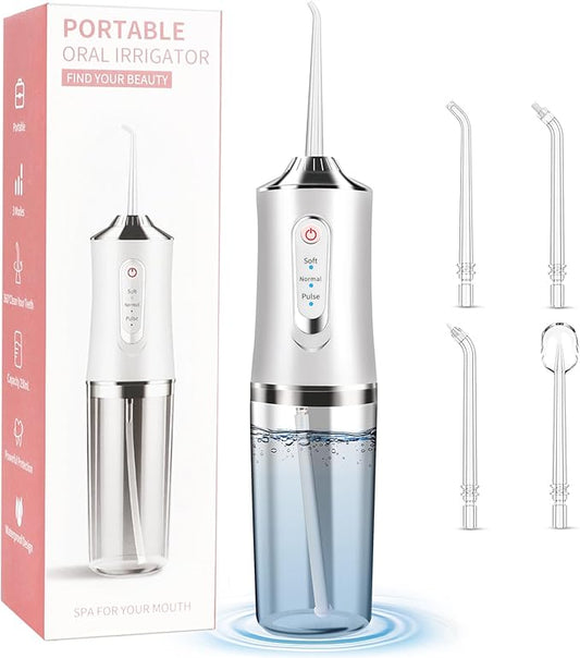 Irrigador Bucal, Irrigador Limpieza Dental Inalámbrico 230ML.con 3 Modos y 4 Puntas, IPX7 Impermeable, Recargable USB Water Flosser Dentals, Portátil Hilo Dental de Agua, para Hogar y Viajes
