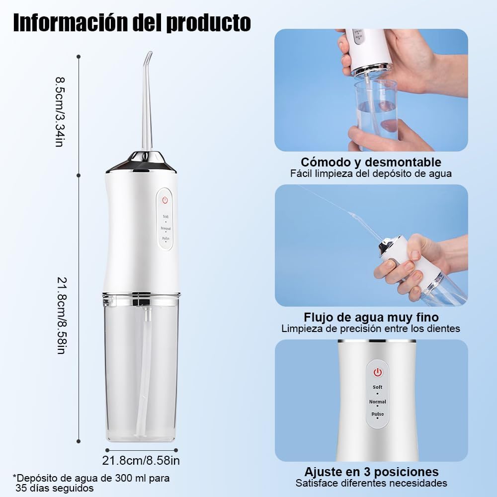 Irrigador Bucal, Irrigador Limpieza Dental Inalámbrico 230ML.con 3 Modos y 4 Puntas, IPX7 Impermeable, Recargable USB Water Flosser Dentals, Portátil Hilo Dental de Agua, para Hogar y Viajes