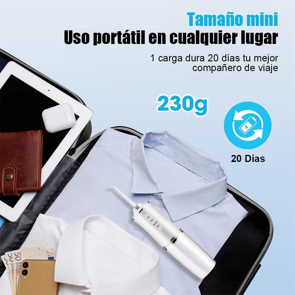 Irrigador Bucal, Irrigador Limpieza Dental Inalámbrico 230ML.con 3 Modos y 4 Puntas, IPX7 Impermeable, Recargable USB Water Flosser Dentals, Portátil Hilo Dental de Agua, para Hogar y Viajes