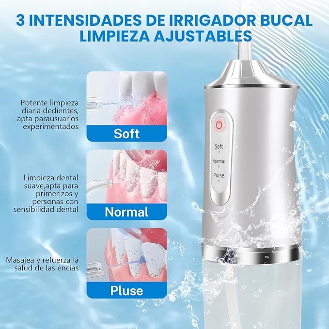 Irrigador Bucal, Irrigador Limpieza Dental Inalámbrico 230ML.con 3 Modos y 4 Puntas, IPX7 Impermeable, Recargable USB Water Flosser Dentals, Portátil Hilo Dental de Agua, para Hogar y Viajes