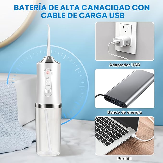 Irrigador Bucal, Irrigador Limpieza Dental Inalámbrico 230ML.con 3 Modos y 4 Puntas, IPX7 Impermeable, Recargable USB Water Flosser Dentals, Portátil Hilo Dental de Agua, para Hogar y Viajes