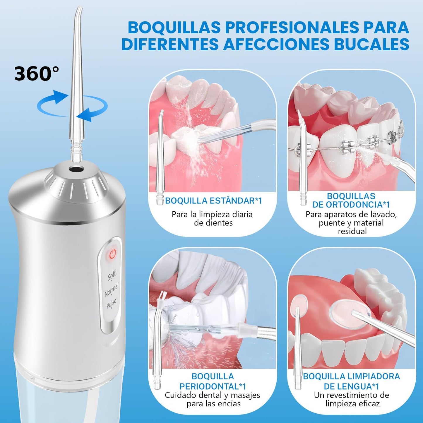 Irrigador Bucal, Irrigador Limpieza Dental Inalámbrico 230ML.con 3 Modos y 4 Puntas, IPX7 Impermeable, Recargable USB Water Flosser Dentals, Portátil Hilo Dental de Agua, para Hogar y Viajes