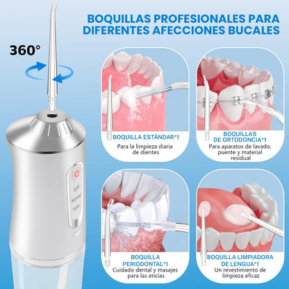Irrigador Bucal, Irrigador Limpieza Dental Inalámbrico 230ML.con 3 Modos y 4 Puntas, IPX7 Impermeable, Recargable USB Water Flosser Dentals, Portátil Hilo Dental de Agua, para Hogar y Viajes